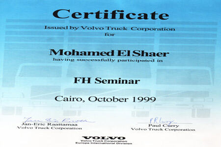 Volvo FH seminar certificate, 1999